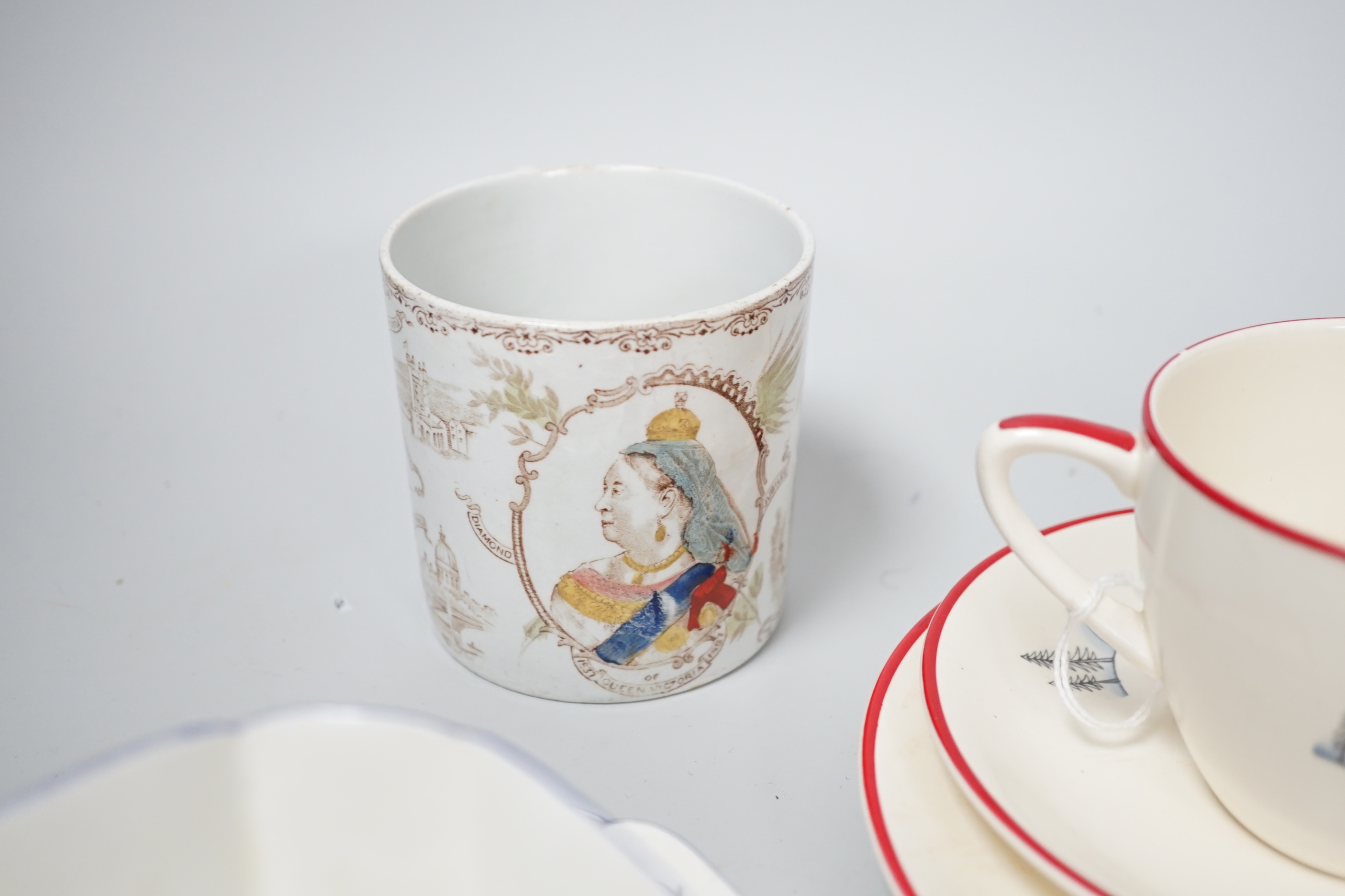 A Shelley Art Deco Blue Iris Queen Anne shape teaset and a Crown Devon cup, saucer, side plate and jug